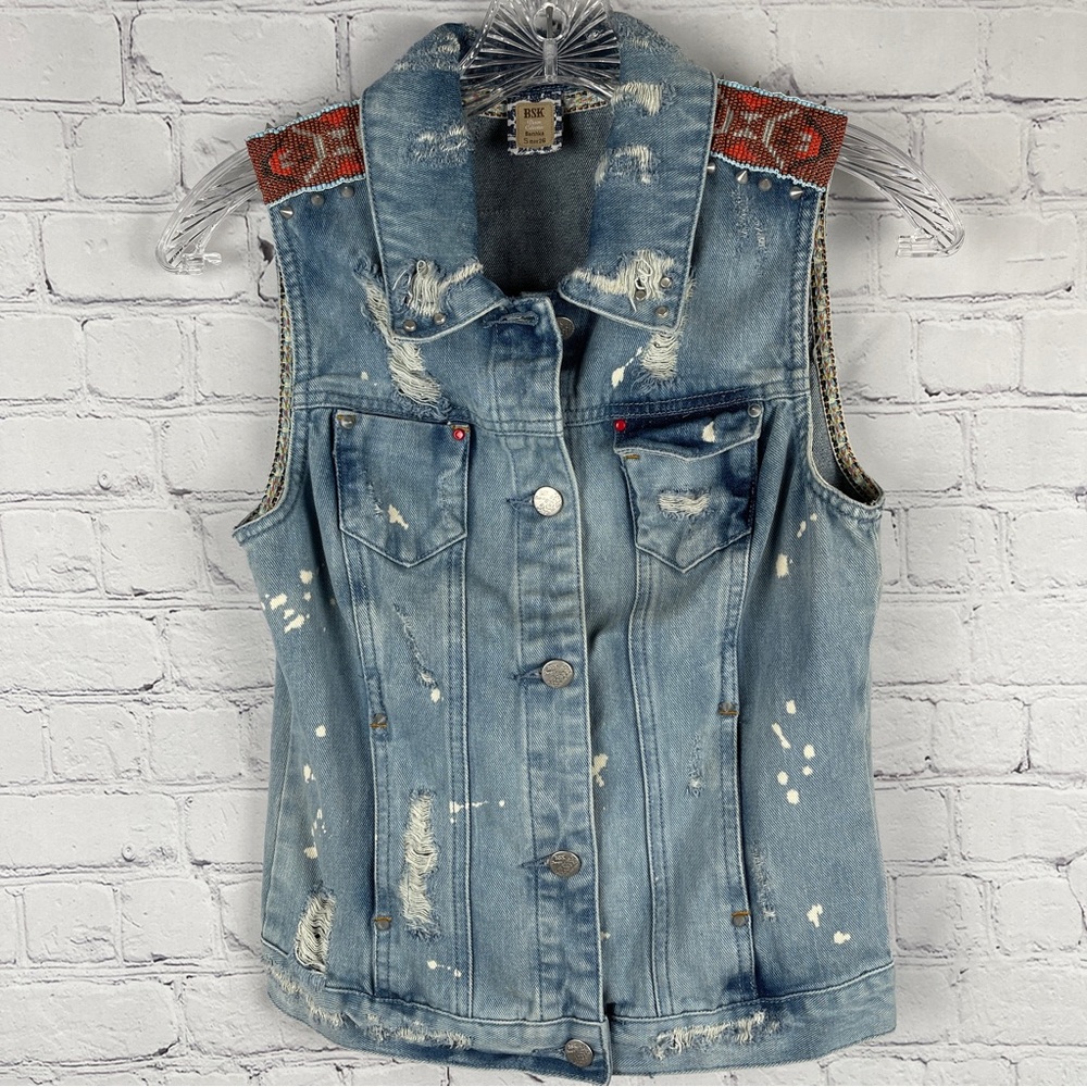 BERSHKA denim distressed vest with spikes beading, size S